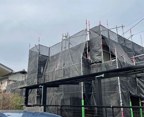 筑紫野市戸建て外壁塗装足場組み立て飛散防止ネット